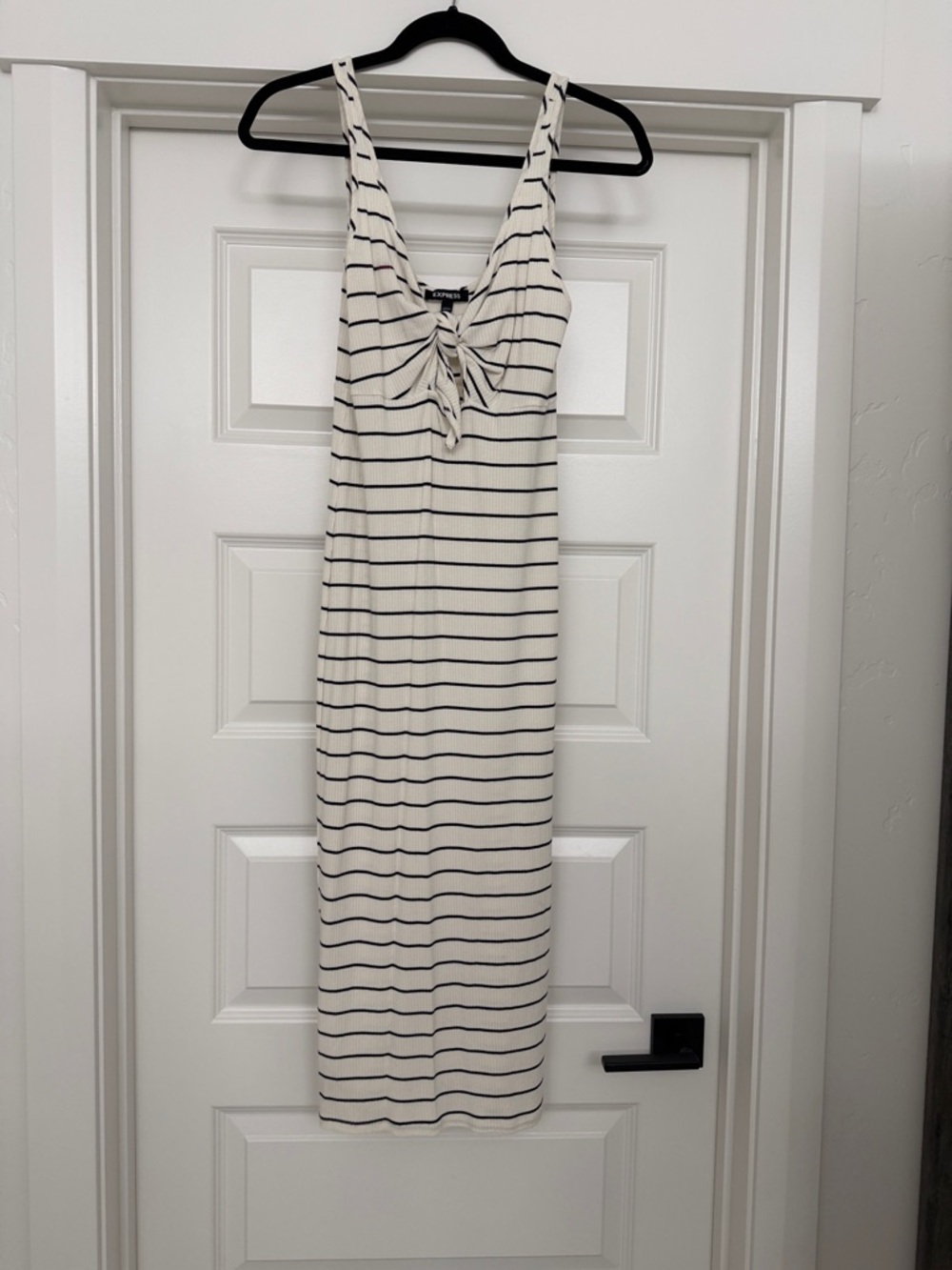Express Cream and Black Striped Tie-Front Midi Dress